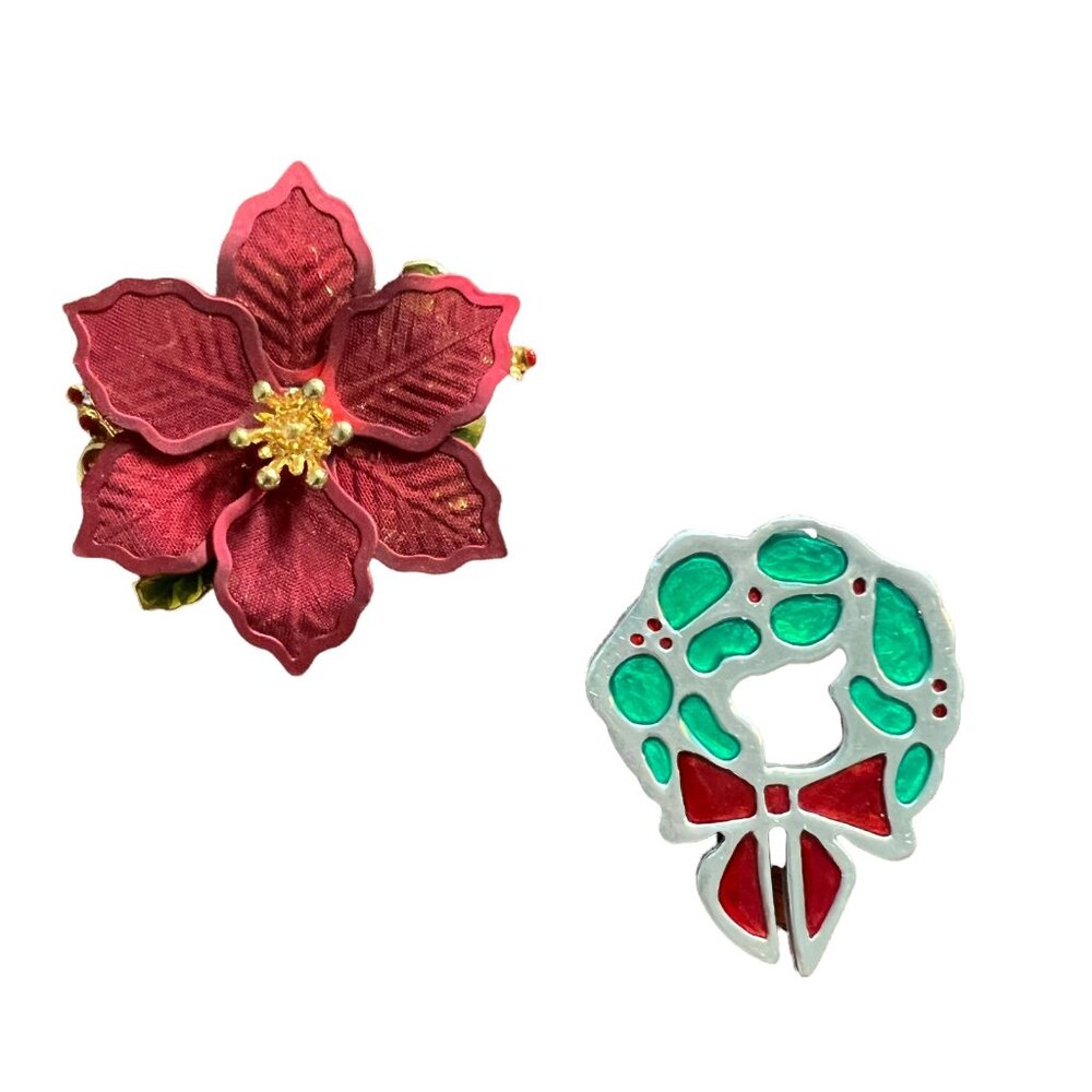 Christmas Brooches Lot of 2‎ Wreath Poinsettia Vintage Pins